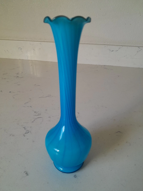 Vintage Mid-Century Style Handblown Blue Glass Bud Vase with White Stripes