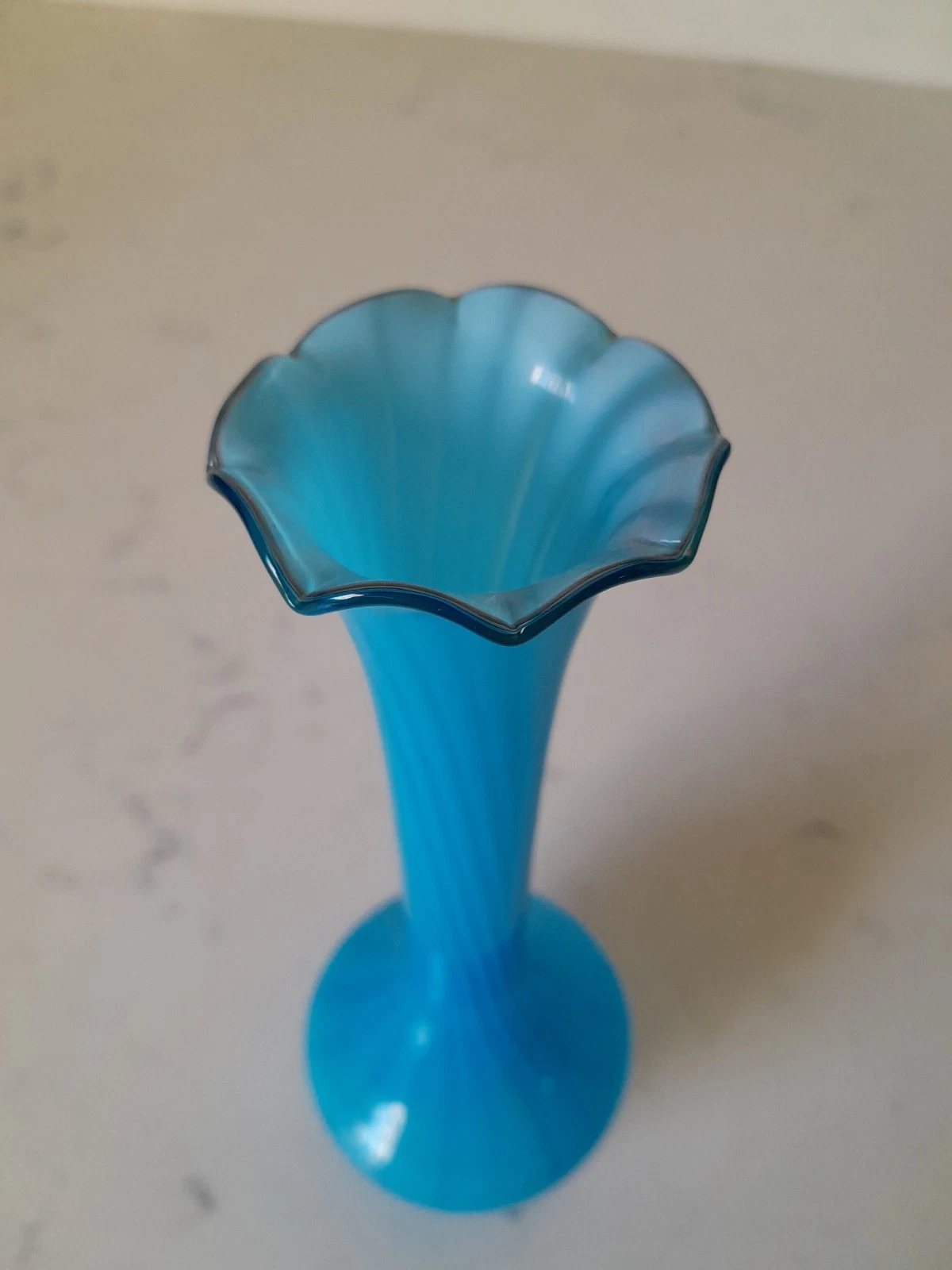 Vintage Mid-Century Style Handblown Blue Glass Bud Vase with White Stripes